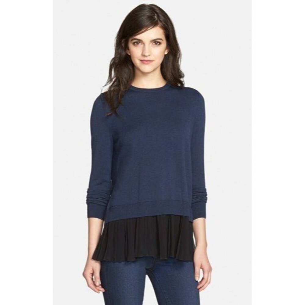 Chelsea28 Pleated Cashmere Sweater Size XS Accordion Hem Split Back Blue Black - Picture 9 of 9